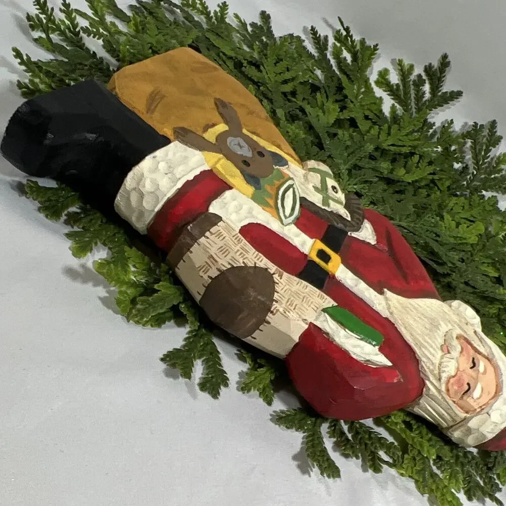 Vintage Hand-Painted Carved Wood Santa Claus Figurine w/ Toy Bag Folk Art 10”